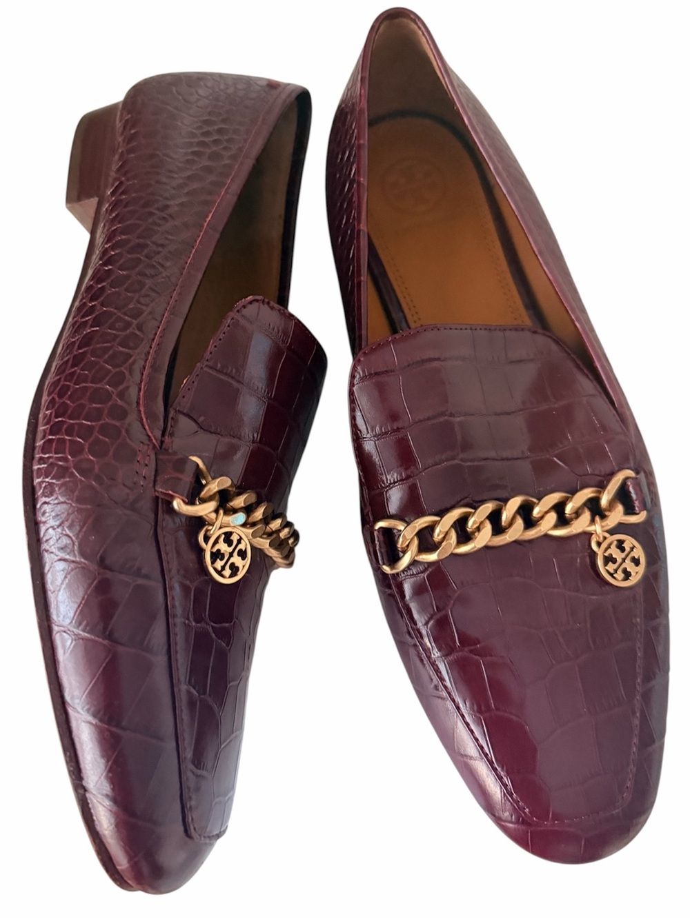 TORY BURCH Jessa Loafers Shoes Burgundy Croc Embossed Leather Women’s Size 8.5